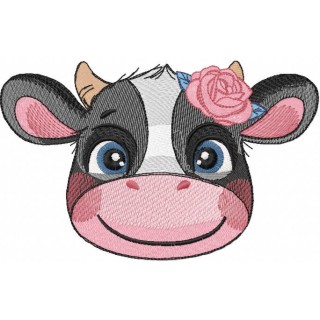 Smiling cow with rose embroidery design - Embroidery Design