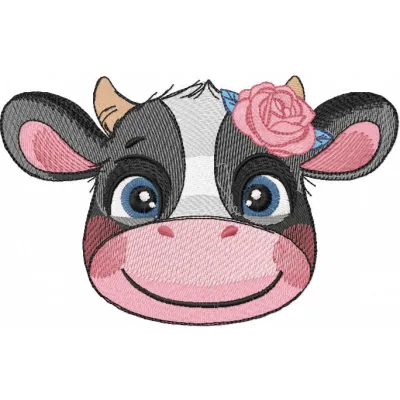 Preview of a smiling cow with a rose embroidery design, showcasing a charming farm animal motif for creative projects.