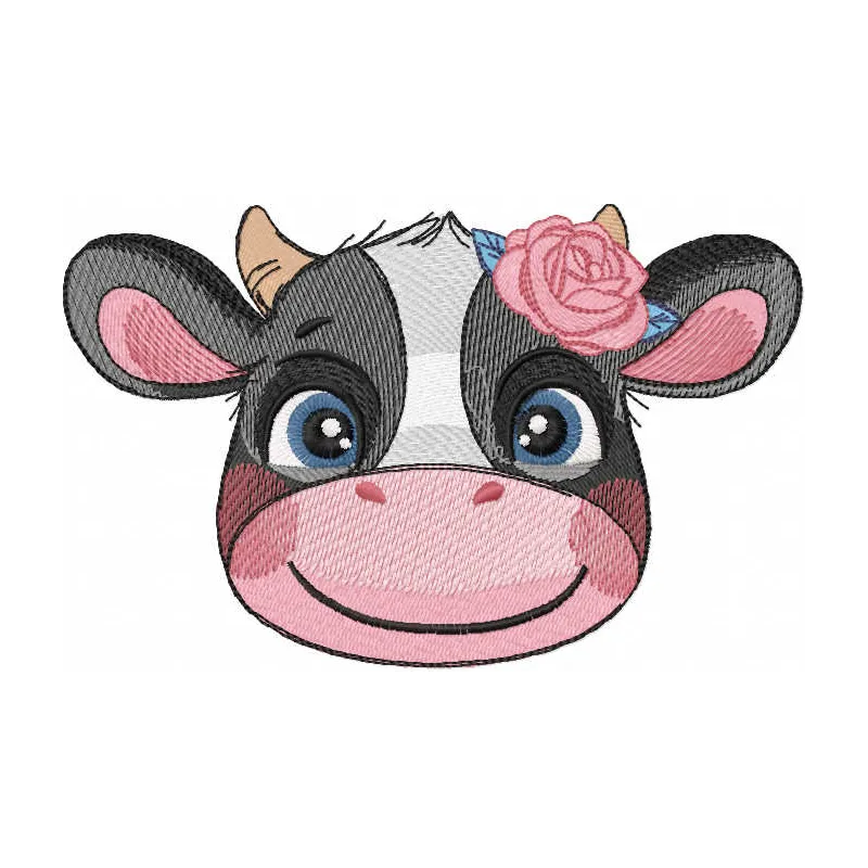 Preview of a smiling cow with a rose embroidery design, showcasing a charming farm animal motif for creative projects.