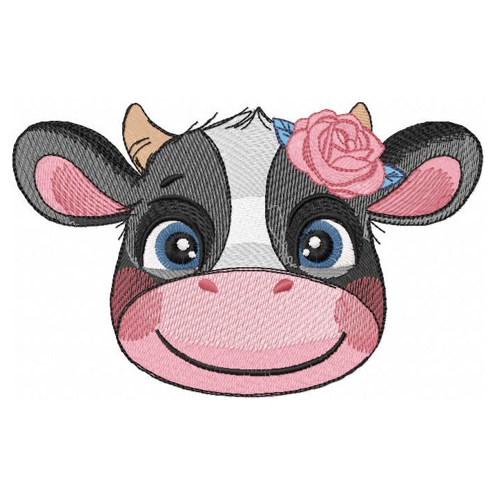 Smiling cow with rose embroidery design - Embroidery Design