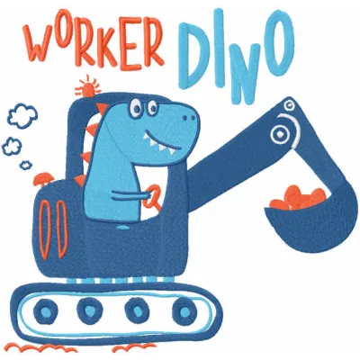 Worker dino embroidery design showcasing a playful dinosaur in a work outfit, perfect for children's apparel or accessories.