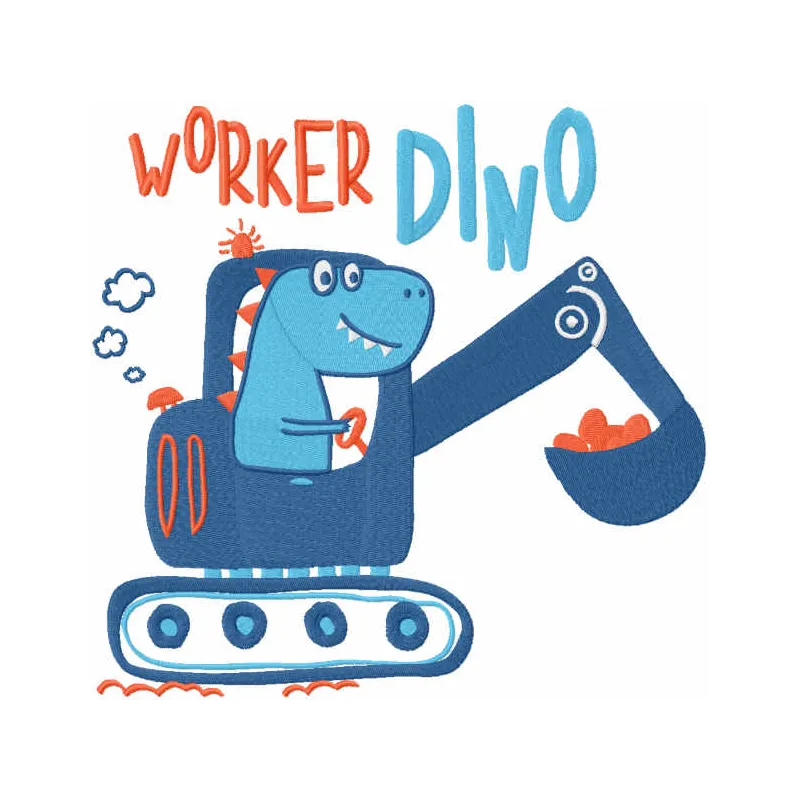 Worker dino embroidery design showcasing a playful dinosaur in a work outfit, perfect for children's apparel or accessories.