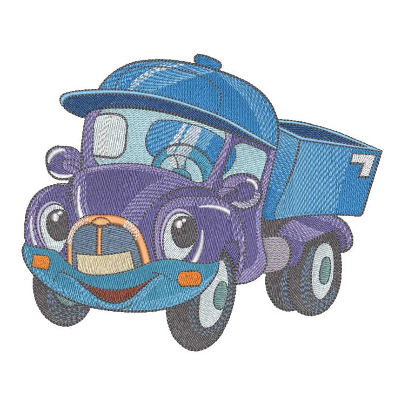 Funny truck embroidery design featuring a whimsical truck motif, perfect for embellishing t-shirts and tote bags.