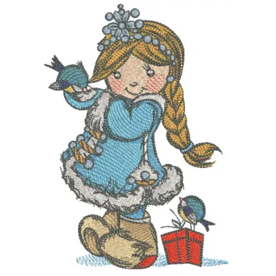 Snow Maiden with birds embroidery design preview, showcasing a festive Christmas motif for stitching on various fabrics.