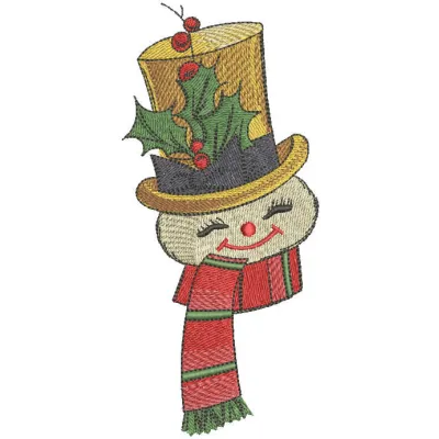 Embroidery design of a cheerful snowman wearing a scarf and top hat, perfect for festive Christmas projects.