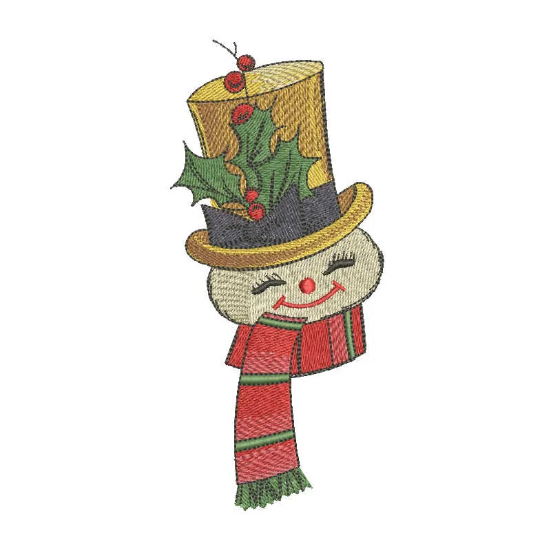 Embroidery design of a cheerful snowman wearing a scarf and top hat, perfect for festive Christmas projects.