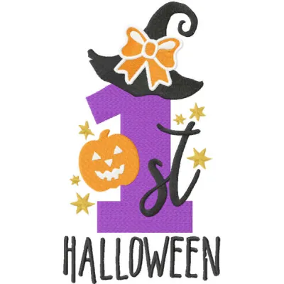 First Halloween embroidery design preview featuring whimsical motifs for festive stitching projects.