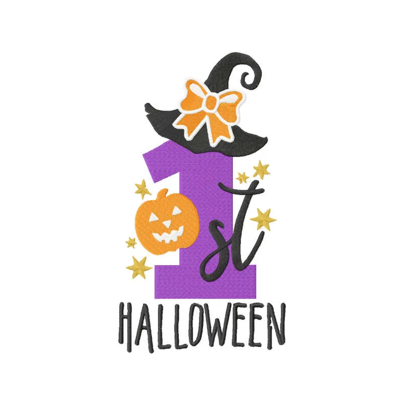First Halloween embroidery design preview featuring whimsical motifs for festive stitching projects.