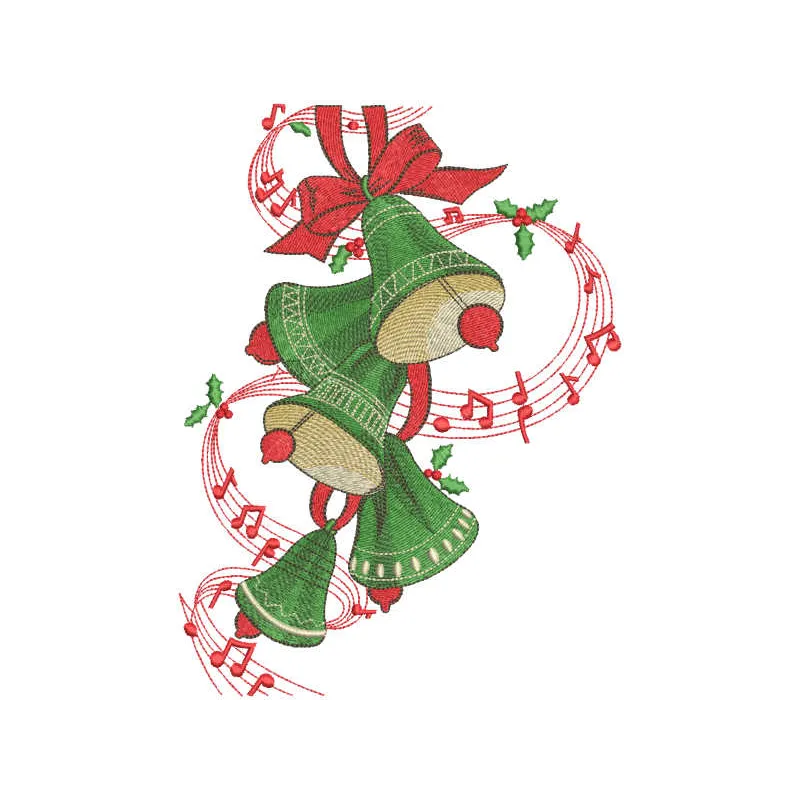 Preview of a green Christmas bells embroidery design featuring festive motifs for holiday crafting projects.