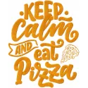 Keep calm and eat pizza embroidery design showcasing a fun quote pattern for stitching on t-shirts or tote bags.