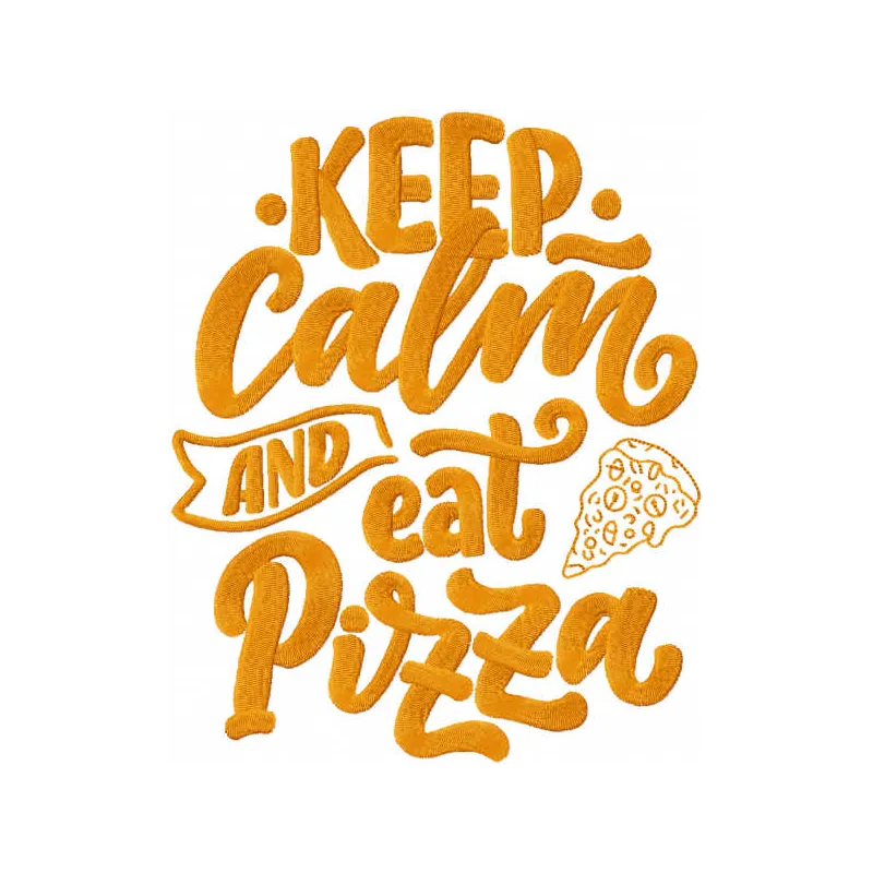Keep calm and eat pizza embroidery design showcasing a fun quote pattern for stitching on t-shirts or tote bags.