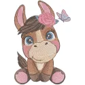 Embroidery design featuring a charming donkey with a butterfly, ideal for farm animal-themed projects.
