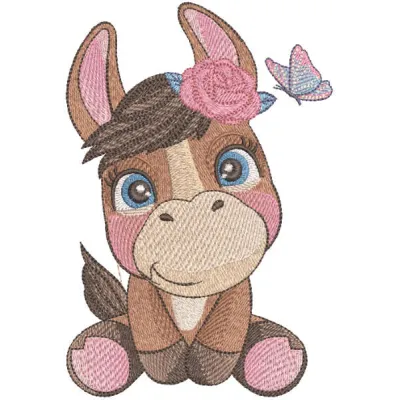 Embroidery design featuring a charming donkey with a butterfly, ideal for farm animal-themed projects.