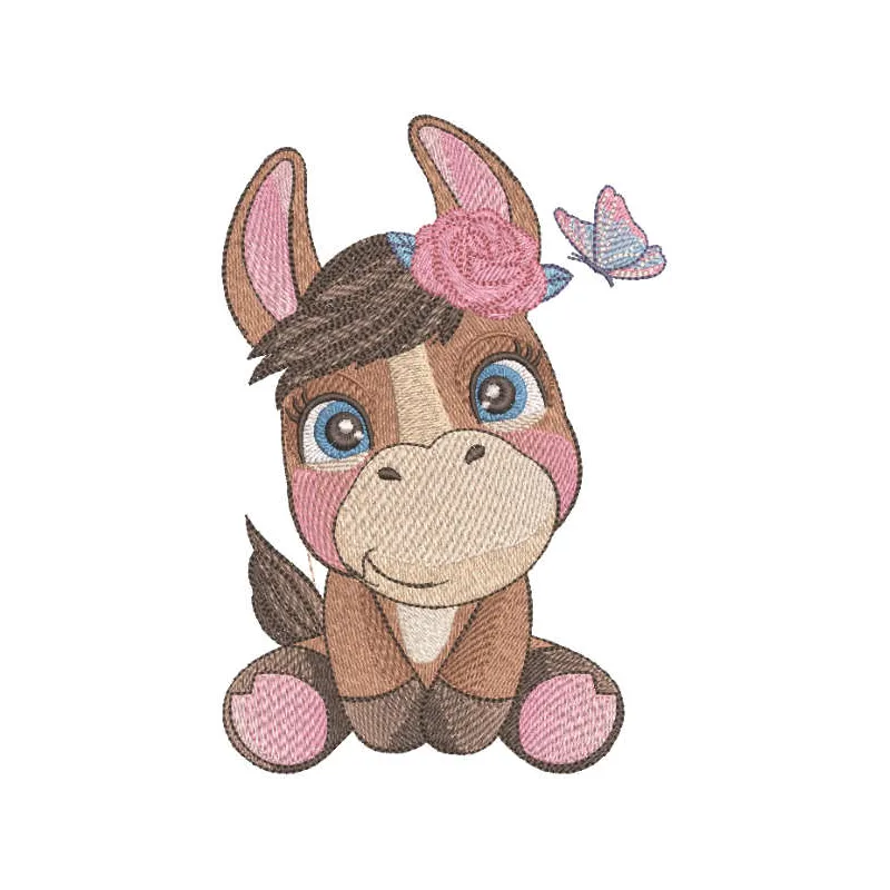 Embroidery design featuring a charming donkey with a butterfly, ideal for farm animal-themed projects.