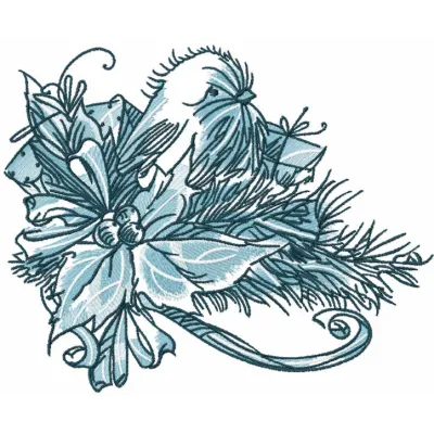 Bullfinch on a branch sketch embroidery design for Christmas, showcasing a detailed bird motif for festive projects.