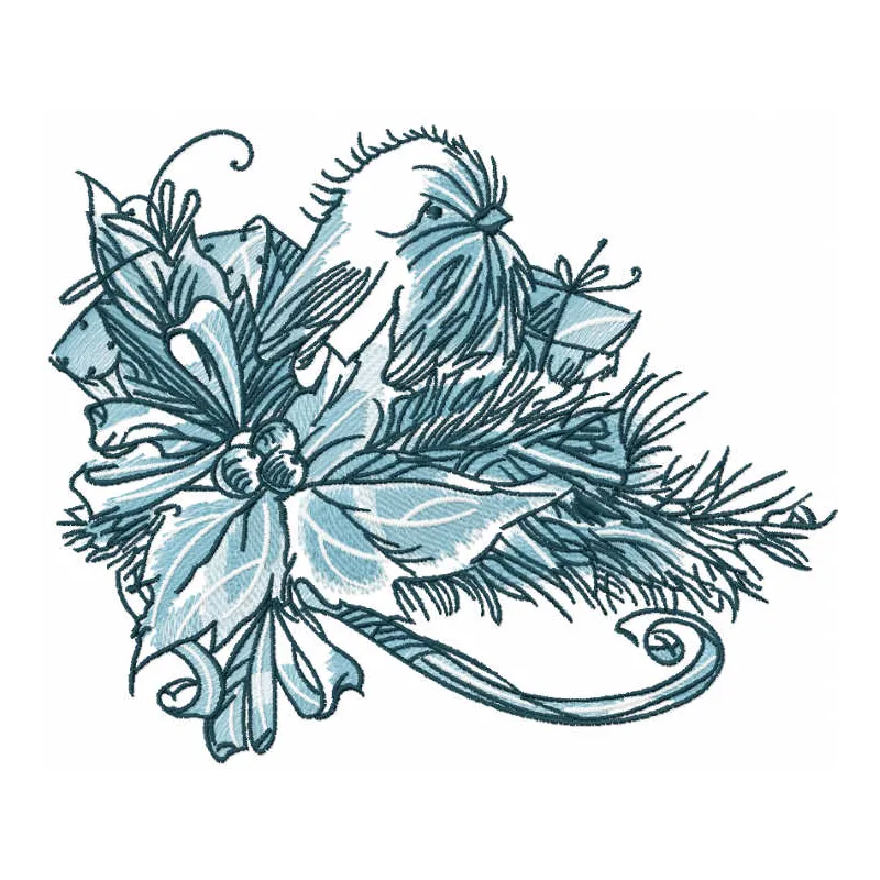 Bullfinch on a branch sketch embroidery design for Christmas, showcasing a detailed bird motif for festive projects.