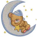 Embroidered design of a teddy bear peacefully sleeping on a crescent moon, perfect for children's items.