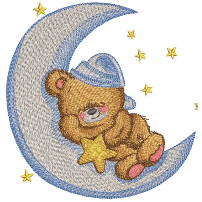 Embroidered design of a teddy bear peacefully sleeping on a crescent moon, perfect for children's items.