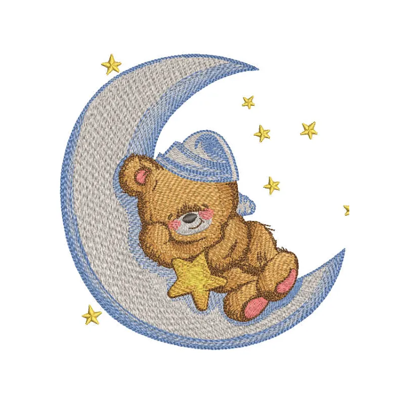 Embroidered design of a teddy bear peacefully sleeping on a crescent moon, perfect for children's items.