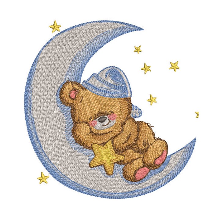 Teddy bear sleeps on the crescent embroidery design - Embroidery Design
