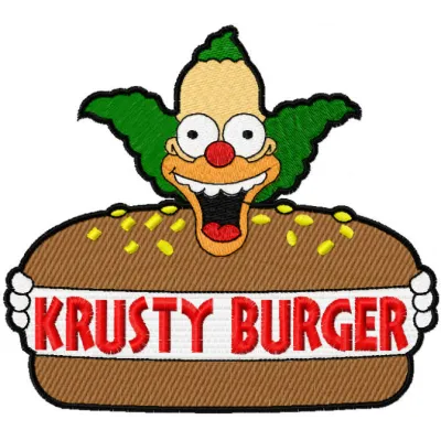 Krusty Burger embroidery design featuring vibrant colors, perfect for stitching on apparel or accessories.