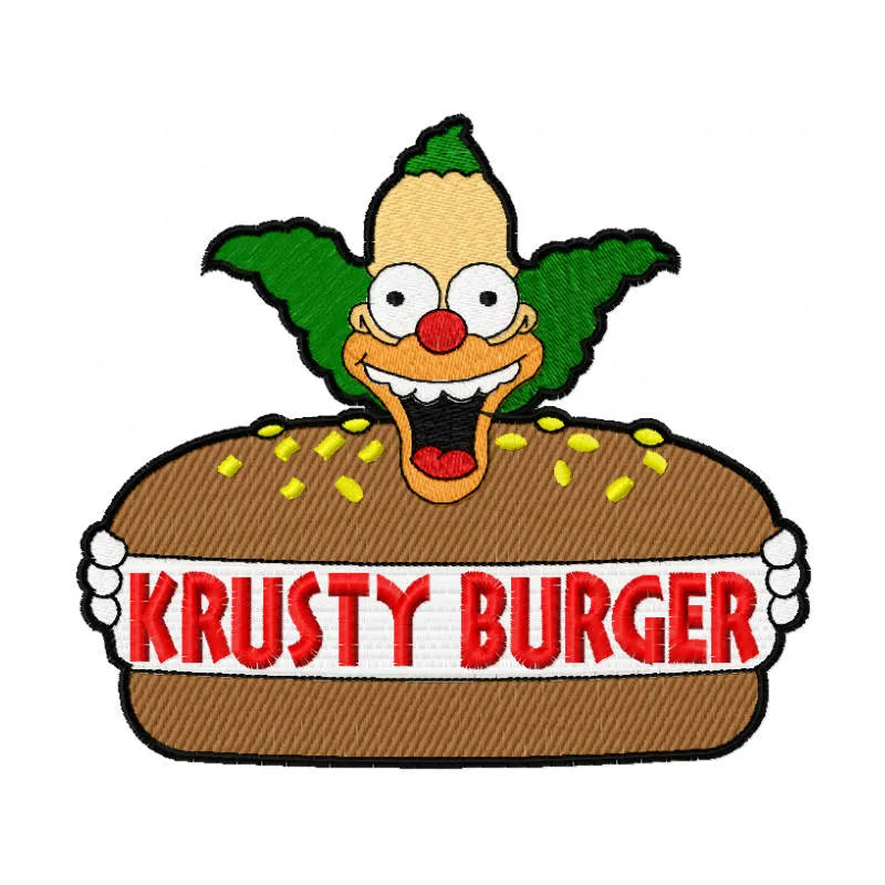 Krusty Burger embroidery design featuring vibrant colors, perfect for stitching on apparel or accessories.