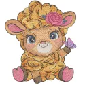 Embroidery design featuring a red sheep adorned with a butterfly, perfect for farm animal themed creations.