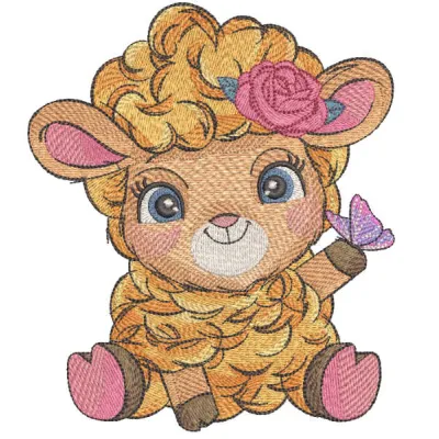 Embroidery design featuring a red sheep adorned with a butterfly, perfect for farm animal themed creations.