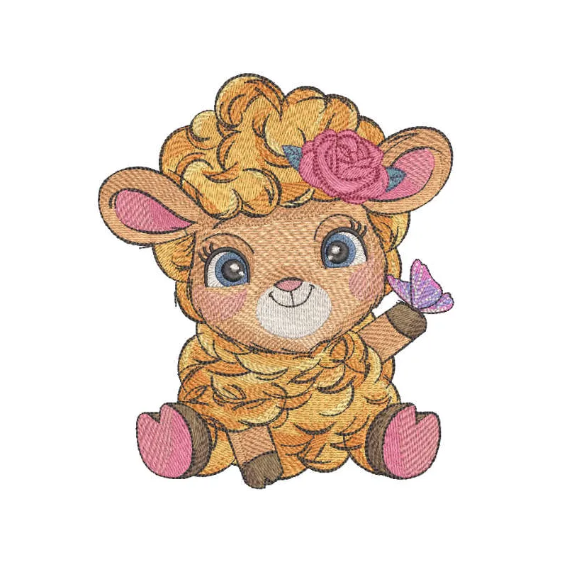 Embroidery design featuring a red sheep adorned with a butterfly, perfect for farm animal themed creations.