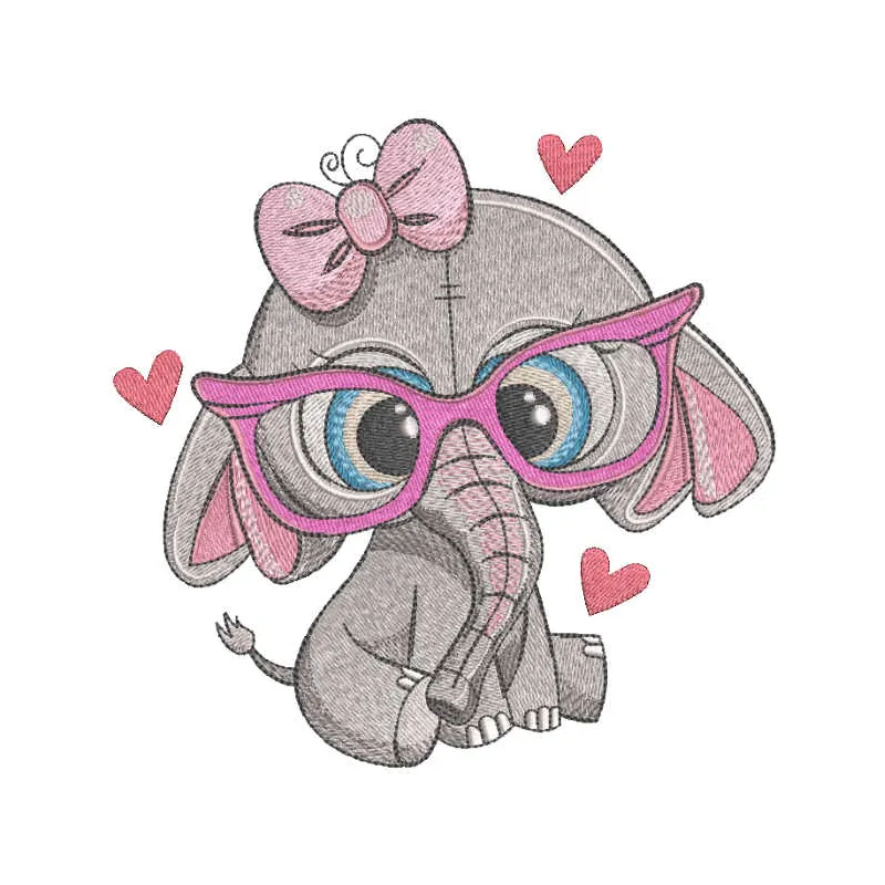 Baby girl elephant with pink glasses embroidery design