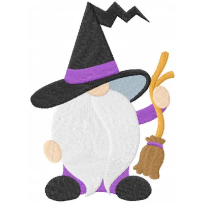 Halloween gnome with broom embroidery design featuring a whimsical gnome ready for the spooky season.
