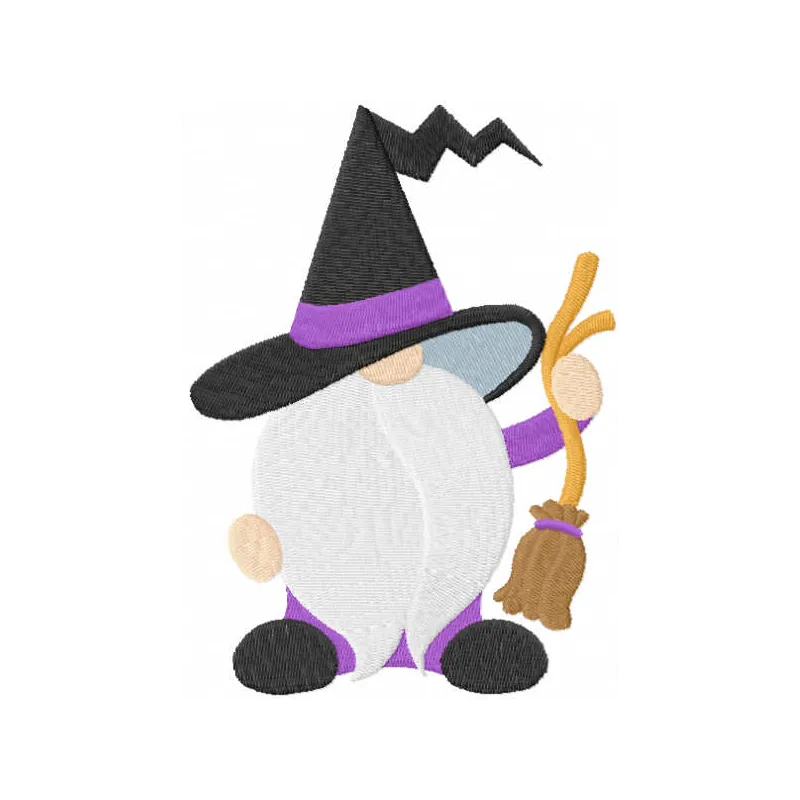 Halloween gnome with broom embroidery design featuring a whimsical gnome ready for the spooky season.