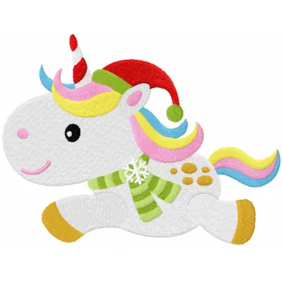Preview of baby unicorn Santa embroidery design featuring a whimsical unicorn in festive attire.