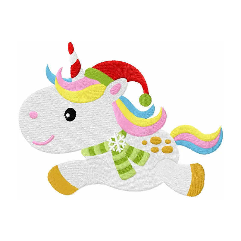 Preview of baby unicorn Santa embroidery design featuring a whimsical unicorn in festive attire.