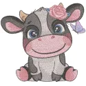Smiling cow with butterfly embroidery design, showcasing a cheerful farm animal motif for creative stitching projects.