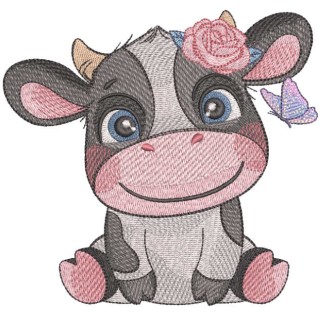 Smiling cow with butterfly embroidery design - Embroidery Design