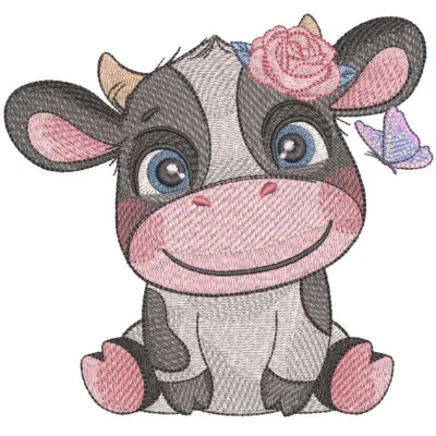 Smiling cow with butterfly embroidery design, showcasing a cheerful farm animal motif for creative stitching projects.