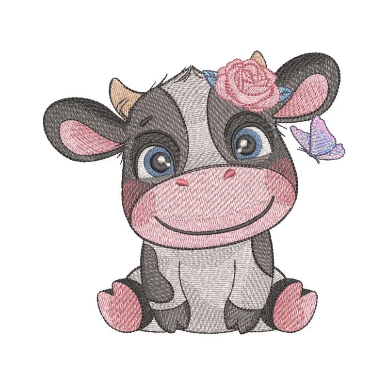 Smiling cow with butterfly embroidery design, showcasing a cheerful farm animal motif for creative stitching projects.