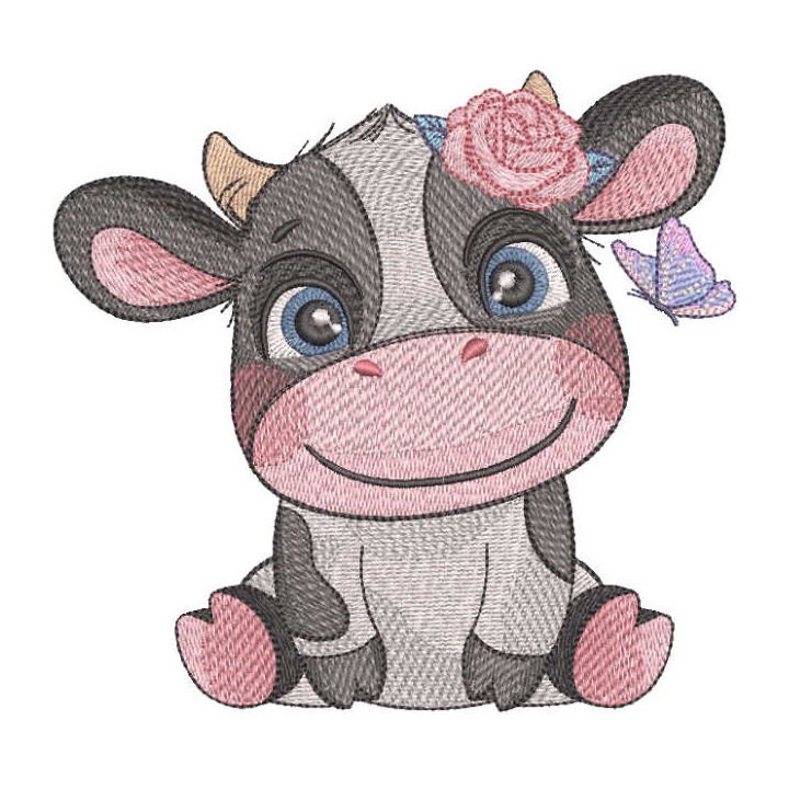 Smiling cow with butterfly embroidery design - Embroidery Design