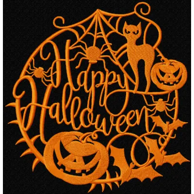 Happy Halloween silhouette embroidery design featuring spooky elements, perfect for festive stitching projects.