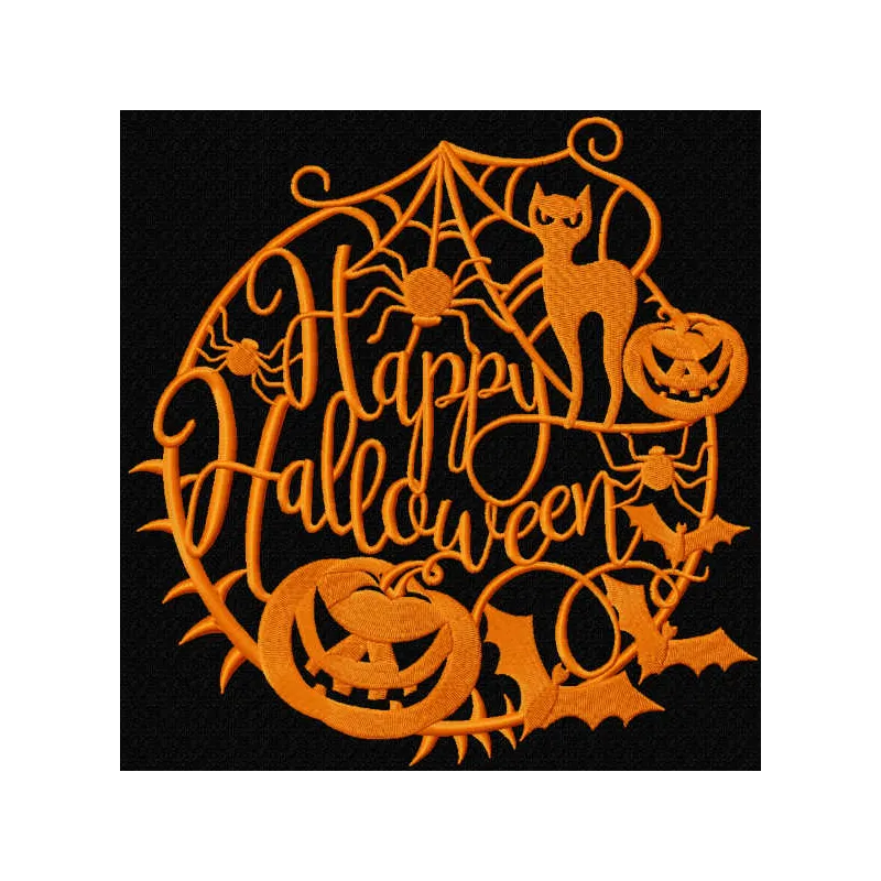 Happy Halloween silhouette embroidery design featuring spooky elements, perfect for festive stitching projects.