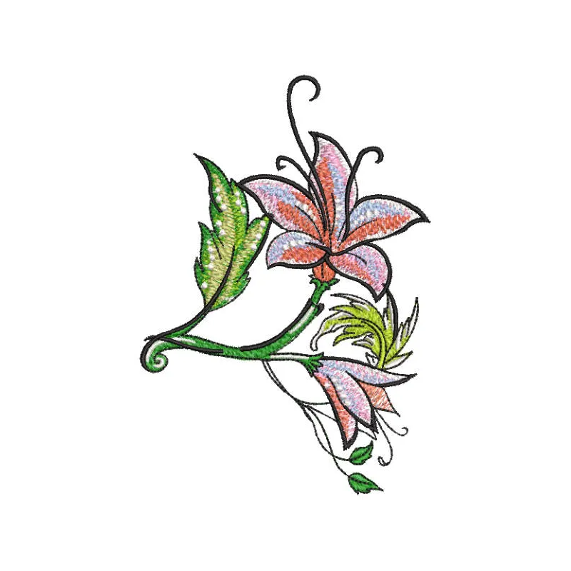 Embroidery design featuring two delicate lily flowers, perfect for enhancing various fabric projects.