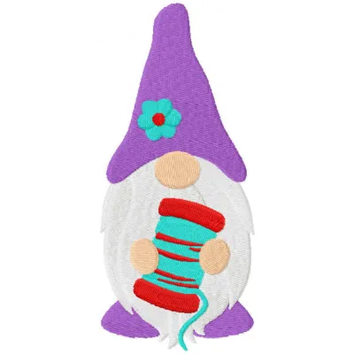 Sewing gnome embroidery design featuring a gnome holding a spool of thread, perfect for creative projects.