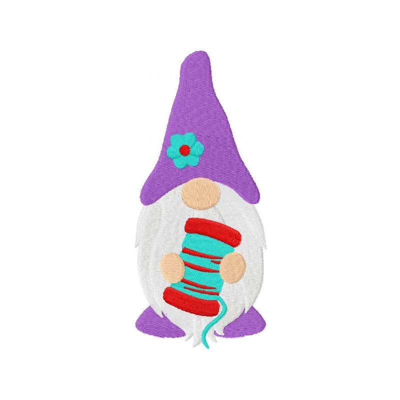 Sewing gnome embroidery design featuring a gnome holding a spool of thread, perfect for creative projects.