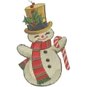 Dancing snowman holding a candy cane embroidery design for festive holiday stitching projects.