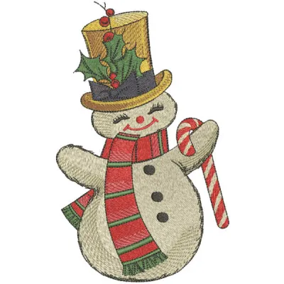 Dancing snowman holding a candy cane embroidery design for festive holiday stitching projects.