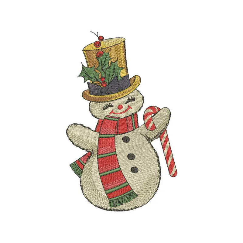 Dancing snowman holding a candy cane embroidery design for festive holiday stitching projects.