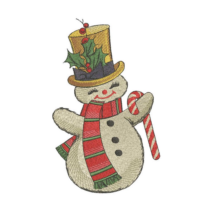 Dancing snowman candy cane embroidery design - Embroidery Design