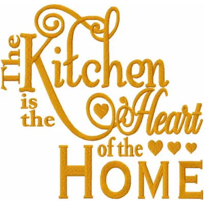 Preview of 'The kitchen is the heart of the home' embroidery design featuring a cozy quote for your kitchen decor.