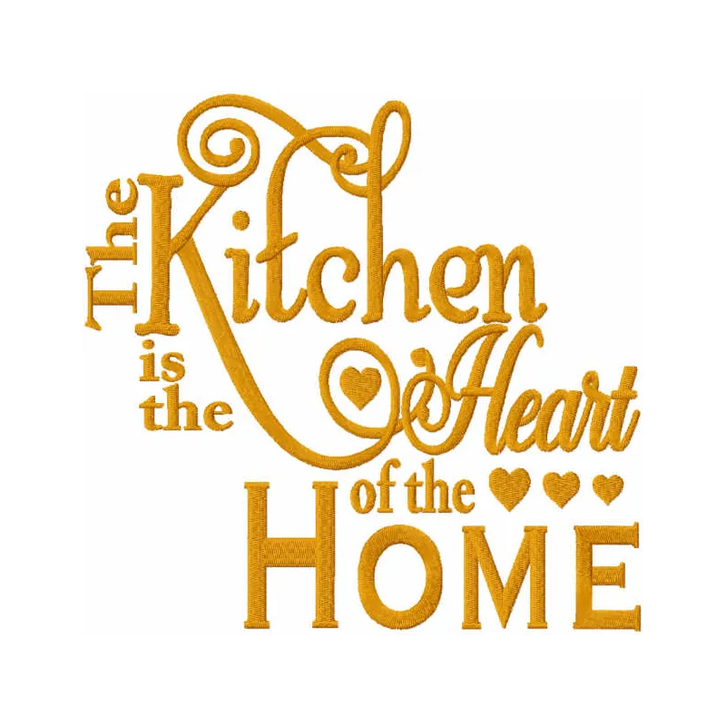 Preview of 'The kitchen is the heart of the home' embroidery design featuring a cozy quote for your kitchen decor.
